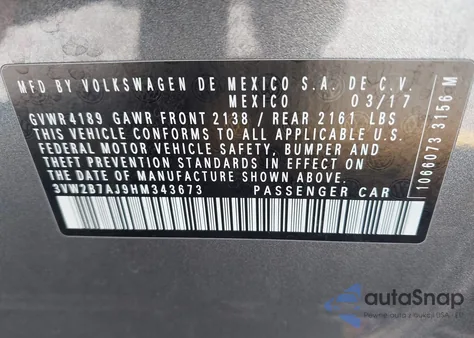 2017 Volkswagen Jetta 1.4T S from USA, damaged, VIN 3VW2B7AJ9HM343673